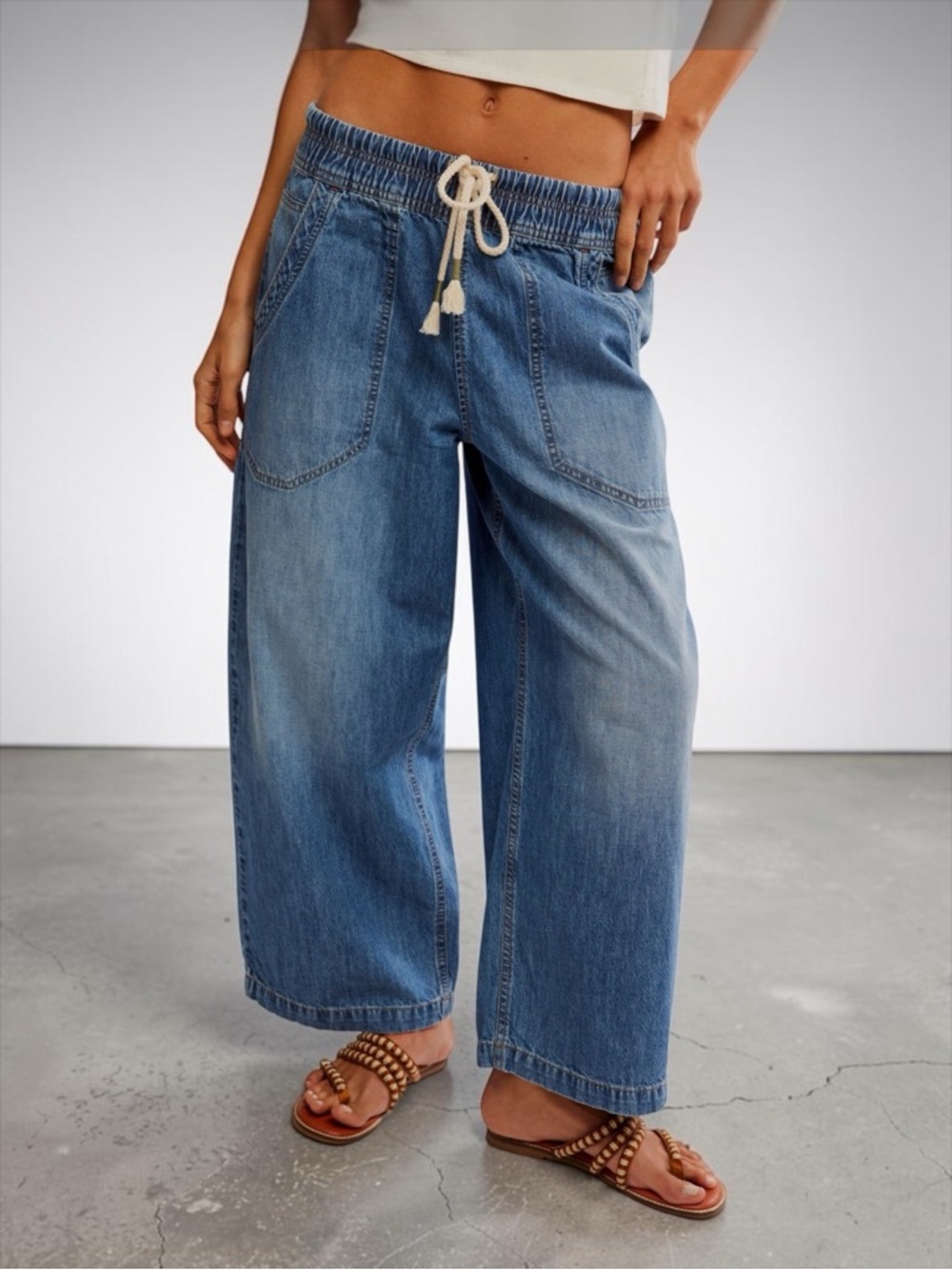 FREE PEOPLE Easy Peasy Wide Leg Mid Rise Denim Drawstring Pants (XS)
